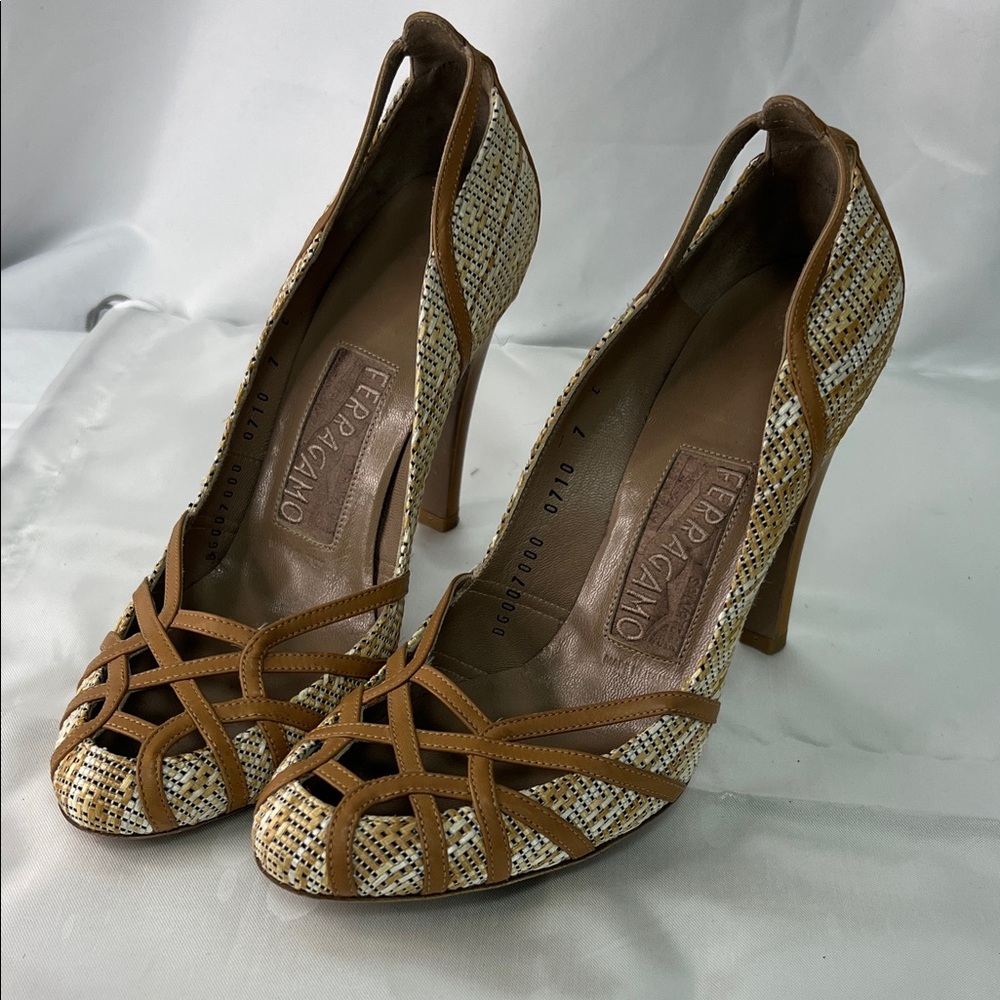 Salvatore Ferragamo Women's Brown and Cream Heels